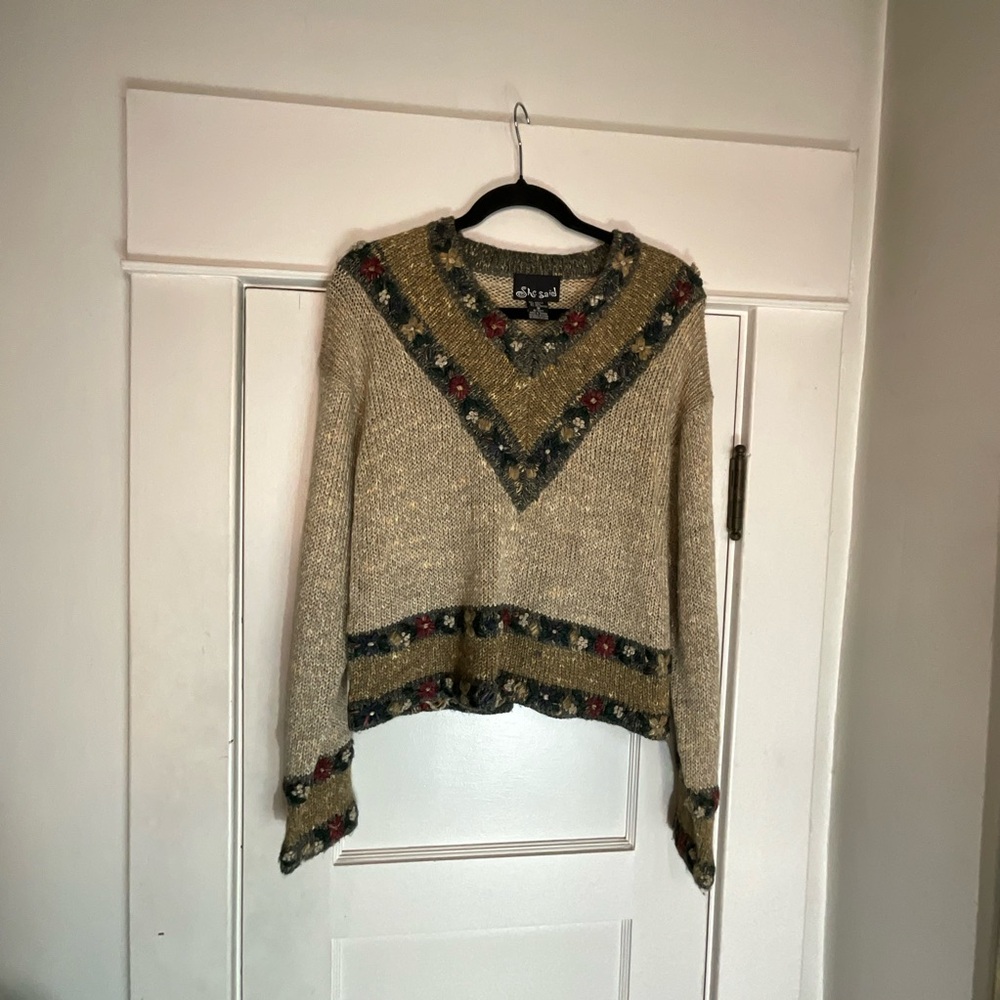 Vintage 90’s She Said V-Neck Floral Trim Sweater